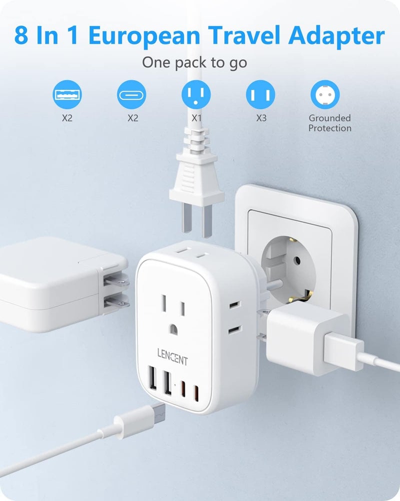 Lencent محول طاقة للسفر من ألمانيا وفرنسا 3 حزمة، محول شوكو نوع E/F مع 4 منافذ USB (2 نوع C)، محول 4 مآخذ، من الولايات المتحدة إلى الاتحاد الأوروبي، إسبانيا، فرنسا، ألمانيا، اليونان، النرويج، آيسلندا، كوريا الجنوبية - Image 3